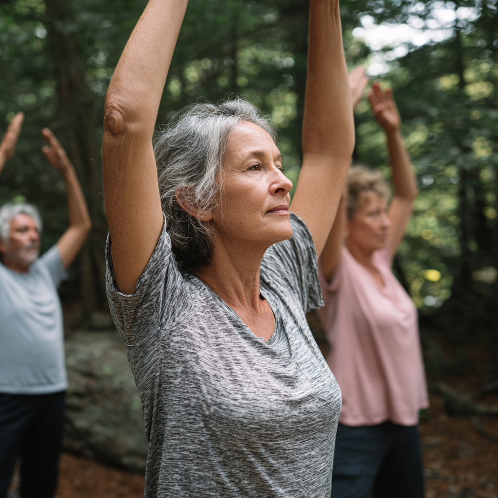 Middle-aged adults practicing gentle movement exercises in a natural setting